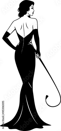 Young sexy woman standing with a whip. flat vector silhouette