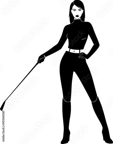 Young sexy woman standing with a whip. flat vector silhouette