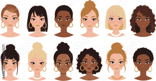 set of Face glamorous girl, flat vector set silhouette