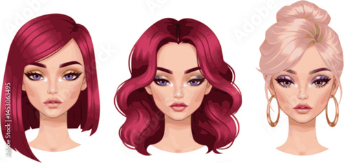 set of Face glamorous girl, flat vector set silhouette