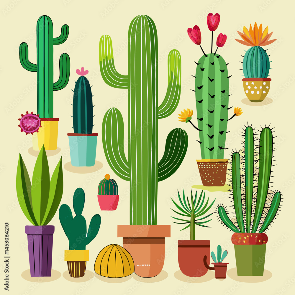 Collection of Diverse Cactus and Succulent Plants in Colorful Pots Collection of Diverse Cactus and Succulent Plants in Colorful Pots