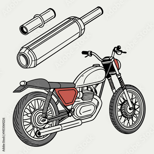 Classic Vintage Motorcycle with Exhaust System Parts Illustration