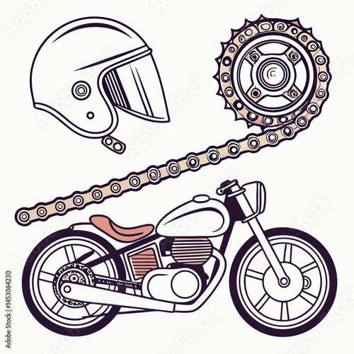 Vintage Motorcycle Design Elements Illustration with Helmet and Chain
