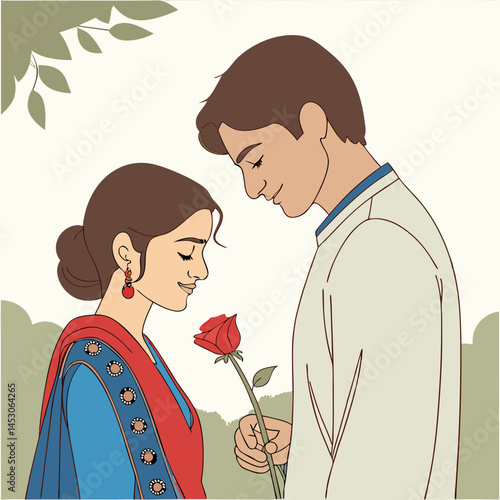 Romantic Couple in Traditional Indian Attire Sharing a Rose