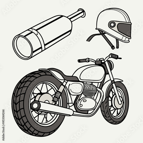 Classic Motorcycle Illustration with Helmet and Exhaust Pipe