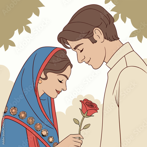 Romantic Couple Sharing a Tender Moment with a Single Rose in a Garden Setting