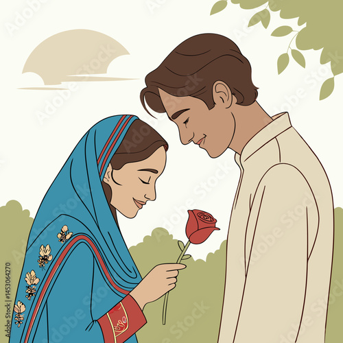 Romantic Couple in Traditional Clothing Sharing a Rose in a Garden Setting