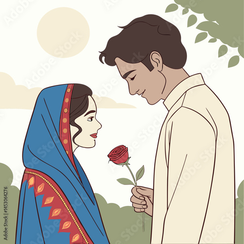 Romantic Couple in Traditional Clothing Sharing a Rose Under a Sunny Sky