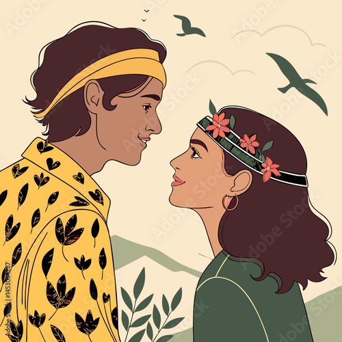 Romantic Young Couple Gazing at Each Other Against a Serene Landscape