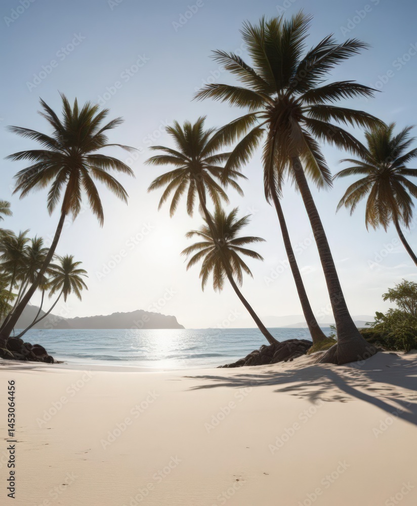 Fototapeta premium White sand beach, palm trees silhouette, distant island, island, serenity
