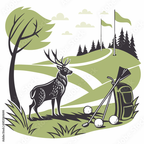 Majestic Deer on a Scenic Golf Course Landscape Illustration