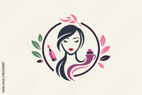 Elegant Woman Beauty Salon Logo Design with Makeup Products