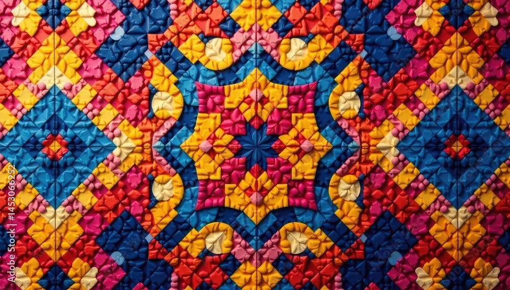 Abstract geometric tapestry pattern, bold colors , texture, pattern, illusion Abstract geometric tapestry pattern, bold colors , texture, pattern, illusion