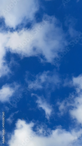 White cumulus clouds on blue sky. Colorful Beautiful vertical natural background In afternoon view.