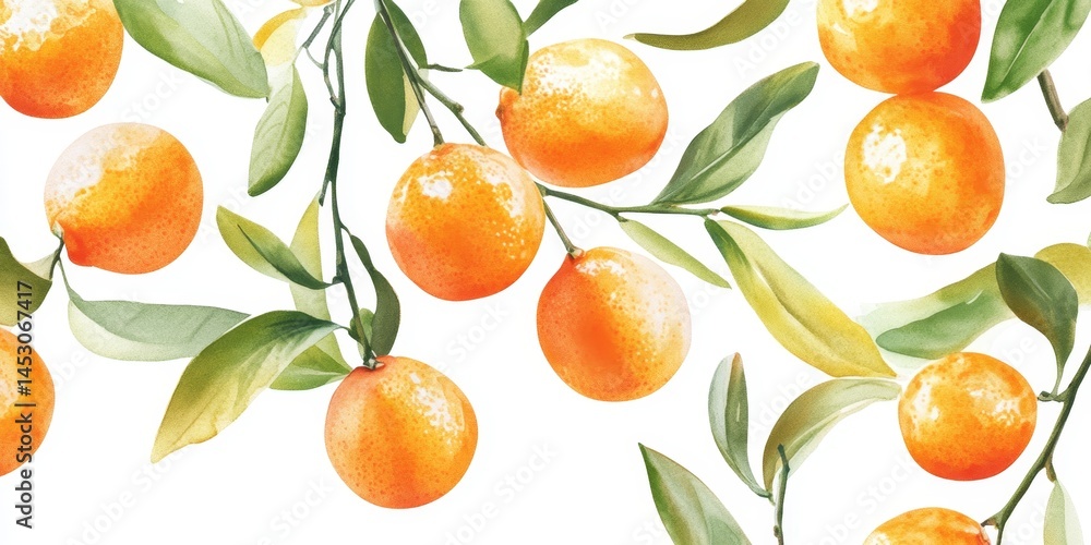 A painting of oranges and leaves with a white background. The oranges are in various stages of ripeness, and the leaves are green and leafy. The overall mood of the painting is bright and cheerful A painting of oranges and leaves with a white background. The oranges are in various stages of ripeness, and the leaves are green and leafy. The overall mood of the painting is bright and cheerful