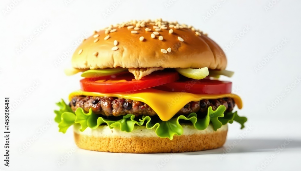 A juicy burger on a white background, no other elements , patty, lunch A juicy burger on a white background, no other elements , patty, lunch