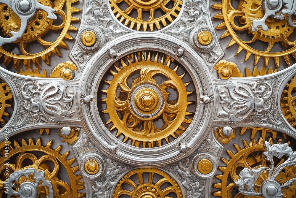 Detailed view of intricate gold and silver gears arranged in a complex pattern Detailed view of intricate gold and silver gears arranged in a complex pattern