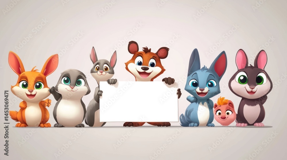 Obraz premium Cute cartoon animals holding a blank sign (1)