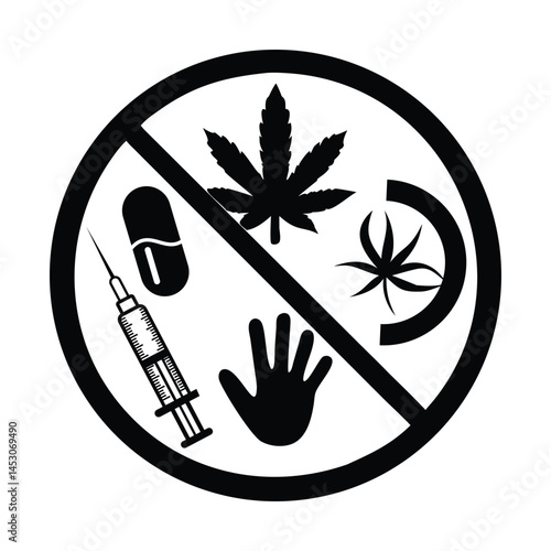 Circular silhouette logo with hand against drug abuse vector illustration