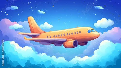 Wallpaper Mural The airplane flies above fluffy white clouds and the starry sky Torontodigital.ca