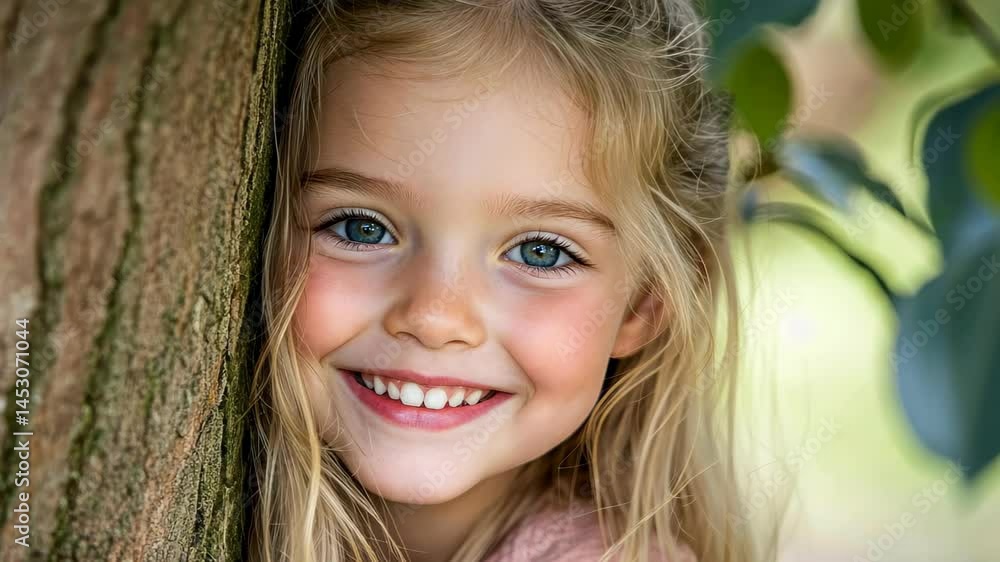 A joyful girl with a big grin peeks around a tree, her eyes filled with curiosity and excitement for a hidden surprise. A joyful girl with a big grin peeks around a tree, her eyes filled with curiosity and excitement for a hidden surprise.