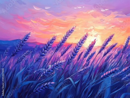 Peaceful view of a wheat field at sunset with colorful sky.