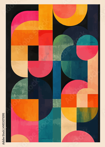 This modern illustration features a minimalist composition of few abstract shapes in shiny finishes and vivid colours, offset by a white background, deep blacks, and generous negative space, created