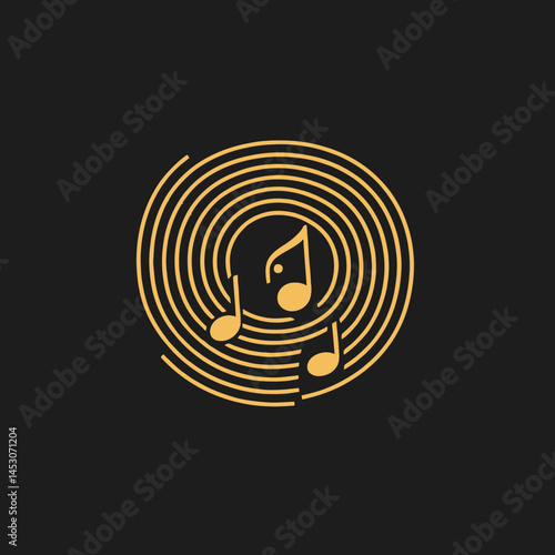 A disc jockey player is prominently displayed on a dark background within a gold-colored icon, surrounded by motifs of gramophone, vinyl record, dj, and retro radio