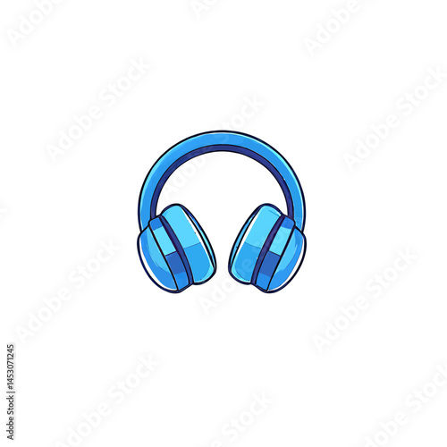 A modern flat illustration isolates a blue headphone or earphone, which serves as a wireless music accessory and stereo gadget