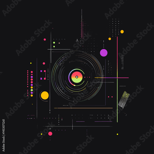 Over a black background, a modern illustration features a stylized DJ turntable in the form of an abstract icon with various colors