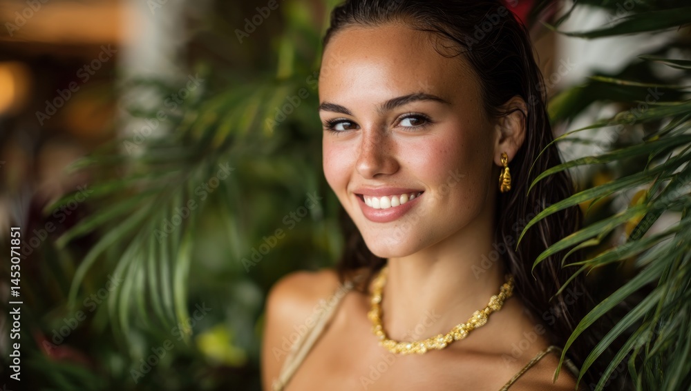 Smiling woman in natural setting, happy portrait amidst lush tropical foliage Smiling woman in natural setting, happy portrait amidst lush tropical foliage