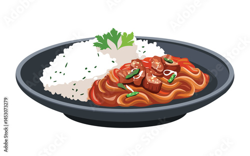 plate of rice and spicy mince meat - vector illustration