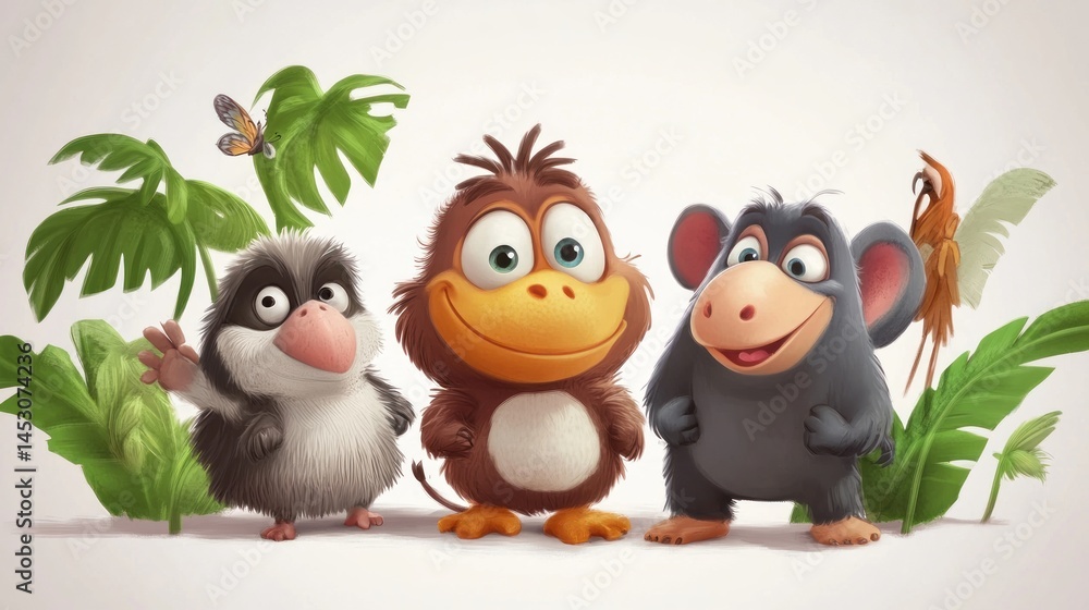 Fototapeta premium Cute cartoon birds and animals in a jungle setting