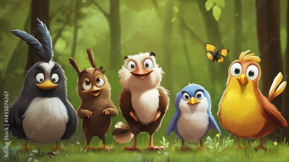 Cute cartoon birds in a forest setting Cute cartoon birds in a forest setting