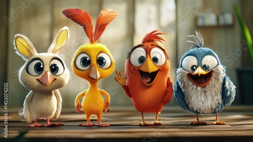 Cute cartoon birds and a bunny