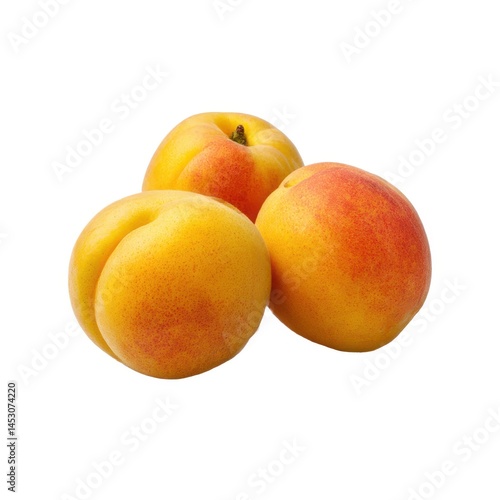 Three ripe apricots close up view on white background