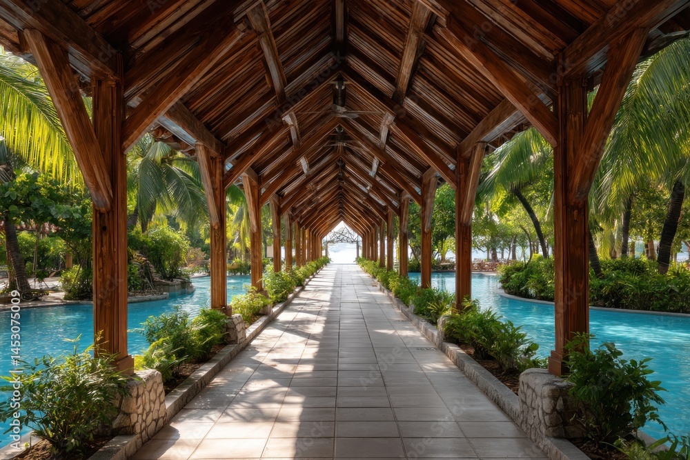 Walkway with wooden canopy leads to beach; swimming pools on sides. Vacation use Walkway with wooden canopy leads to beach; swimming pools on sides. Vacation use