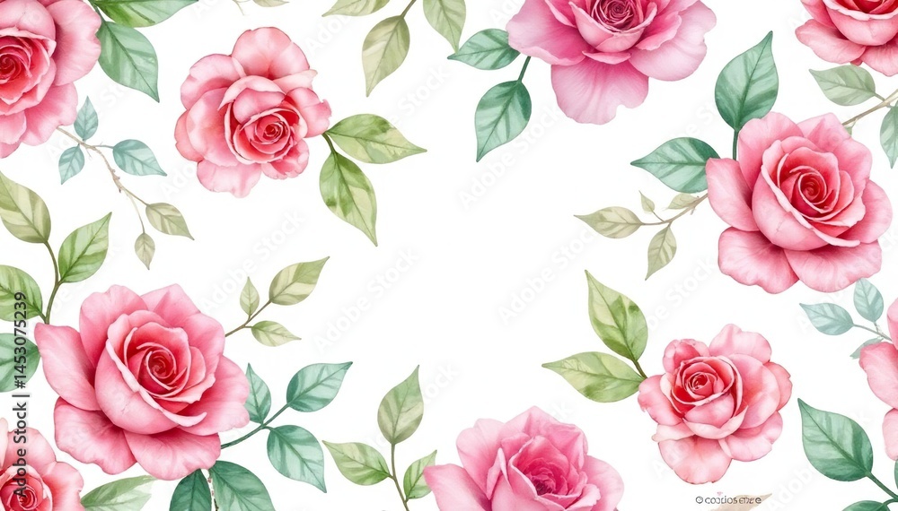 Delicate watercolor roses & leaves, repeating pattern, pretty, red, rose