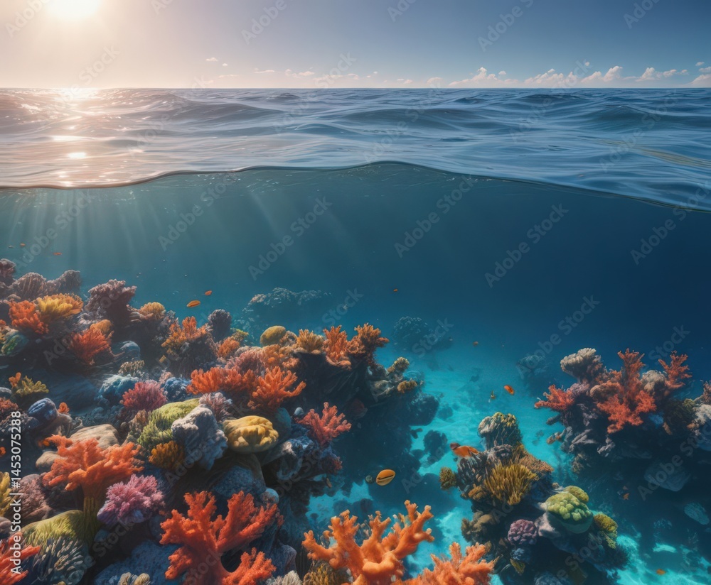 Sun-dappled ocean surface, vibrant coral reef below, landscape, oceanic Sun-dappled ocean surface, vibrant coral reef below, landscape, oceanic