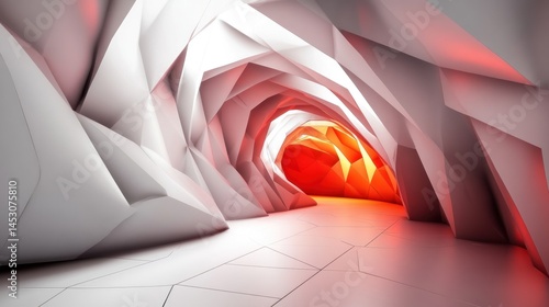 Abstract Polygonal Cave Interior: A 3D Render of Red and White Geometric Forms