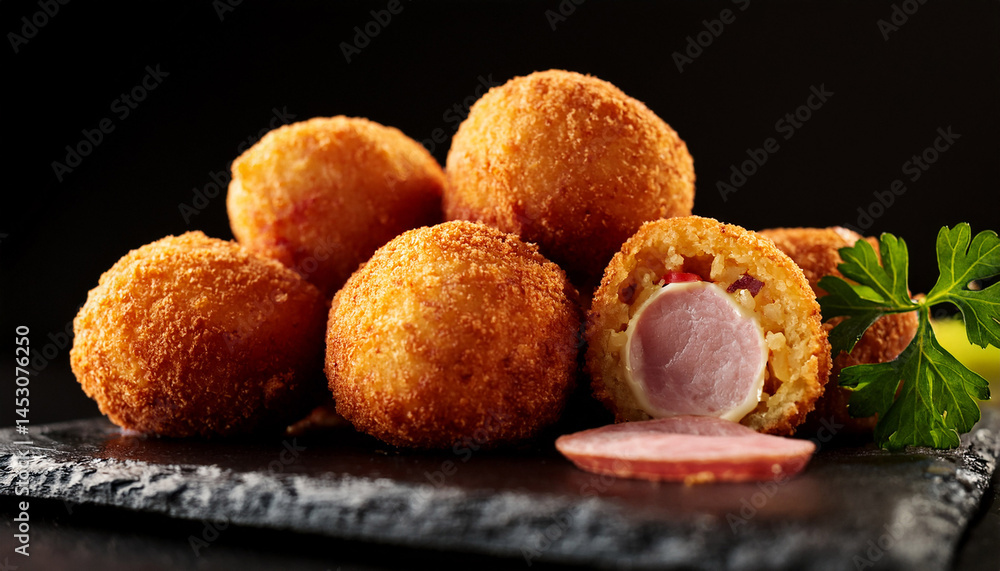 close up of gourmet style ham croquettes with a black background close up of gourmet style ham croquettes with a black background