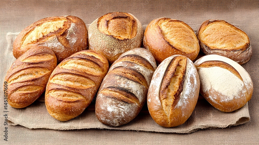 Assorted Artisan Breads on Burlap: Delicious Baked Goods Collection Assorted Artisan Breads on Burlap: Delicious Baked Goods Collection
