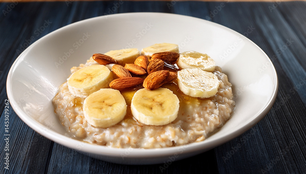 oatmeal porridge with sliced banana almonds and honey drizzle in a white bowl healthy breakfast oatmeal porridge with sliced banana almonds and honey drizzle in a white bowl healthy breakfast