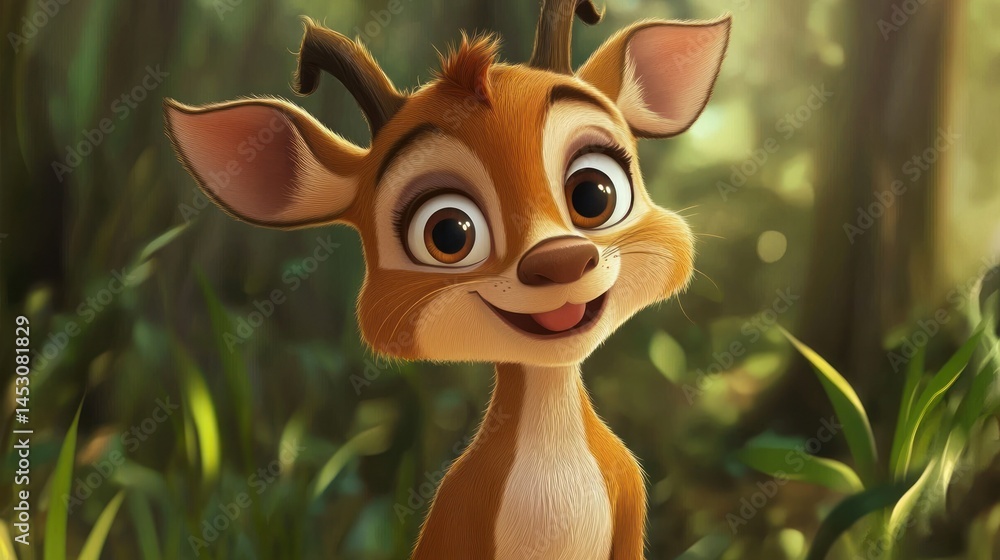 Fototapeta premium Cute cartoon deer in a lush forest