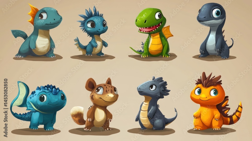 Naklejka premium Cute cartoon dragons and lizard characters
