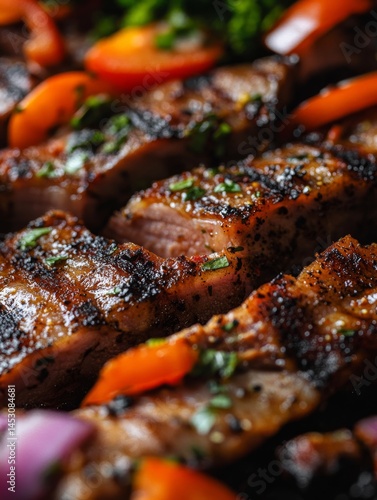 An appetizing barbecue dish of grilled meat accompanied by a variety of fresh vegetables. Perfect for outdoor gatherings or as a gourmet main course.