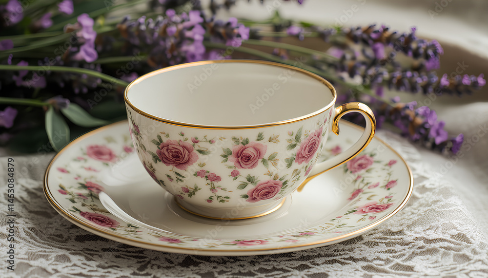 Fototapeta premium Traditional English afternoon tea at the manor, teatime scenes with floral porcelain, sweet treats, and romantic settings in country manor lounges and garden rooms, evoking gentle