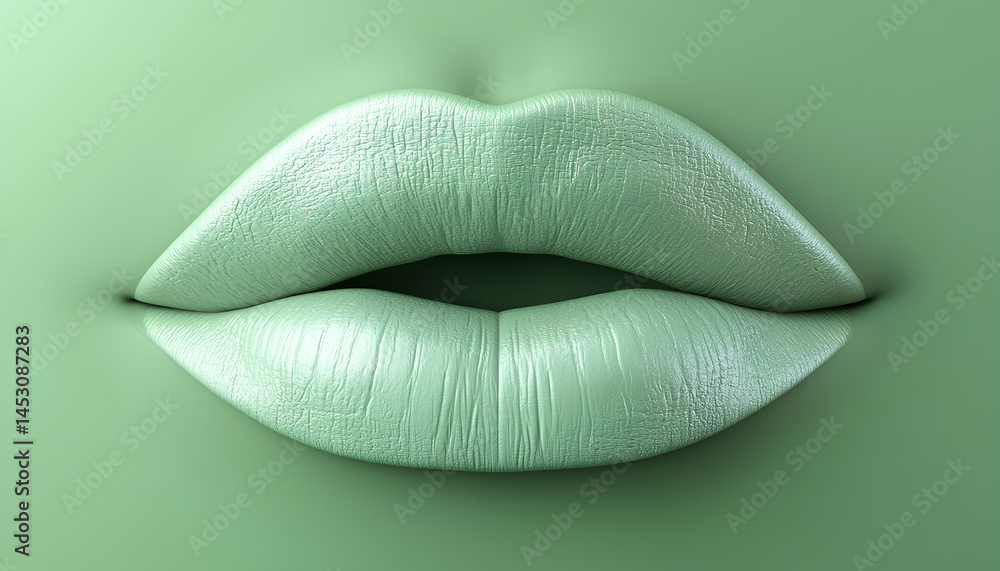 A close-up view of lips colored in glittery mint green set against a pale green background A close-up view of lips colored in glittery mint green set against a pale green background