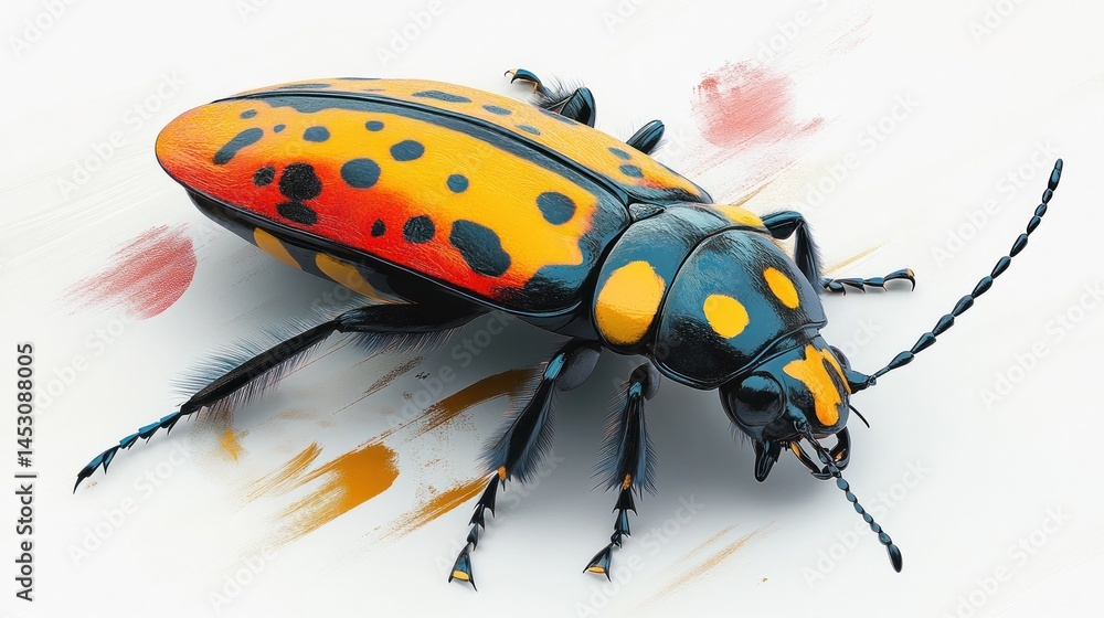 Close up high photograph of a vibrant colorful spotted beetle insect perched on a leaf The detailed macro shot captures the intricate patterns segmented body Close up high photograph of a vibrant colorful spotted beetle insect perched on a leaf The detailed macro shot captures the intricate patterns segmented body