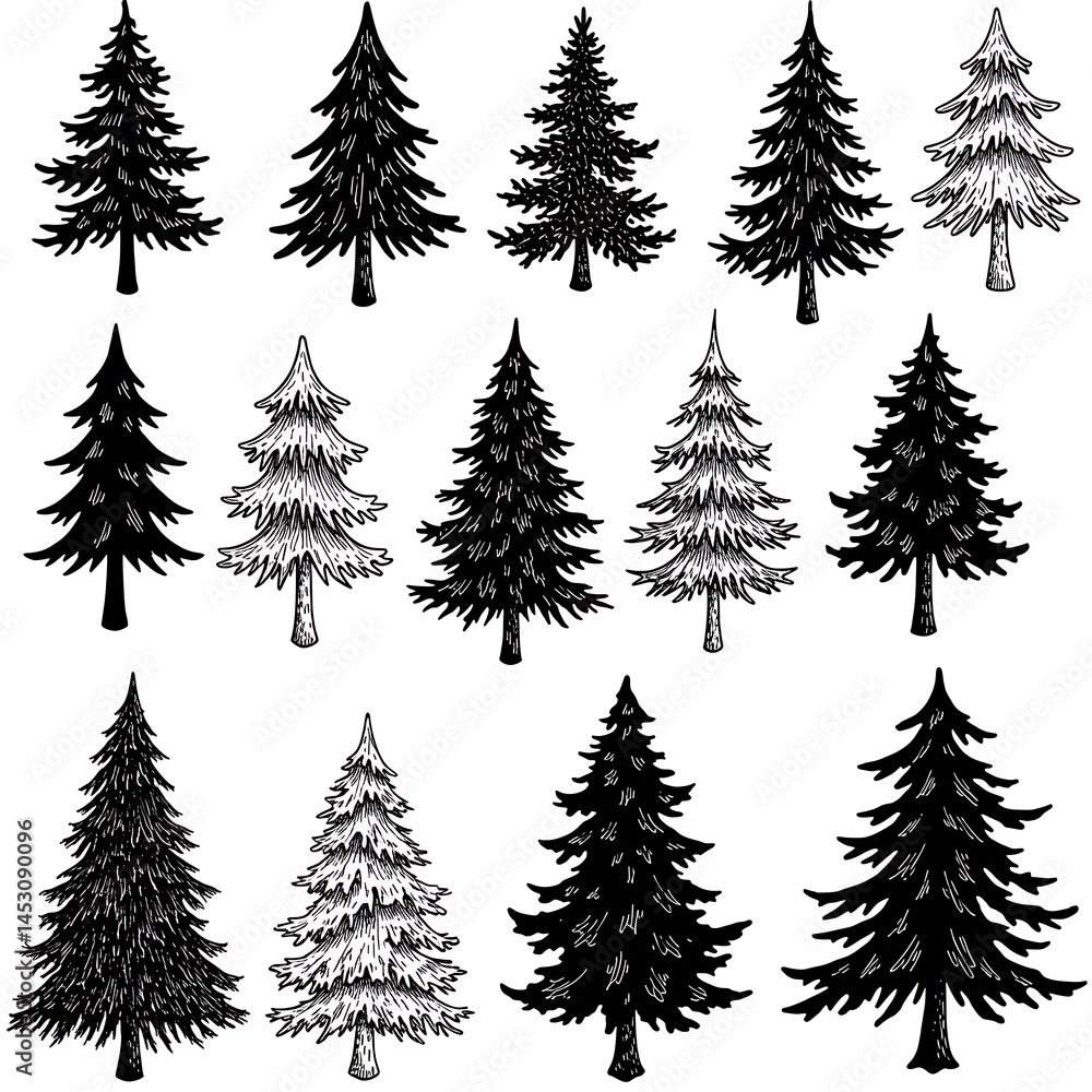 Obraz premium Hand-Drawn Evergreen Collection: Ink & Shading Variety AI Generated